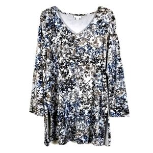 J Jill Pure Jill Silver Branch Print V Neck Velour Tunic Blouse Long Sleeve Sz M